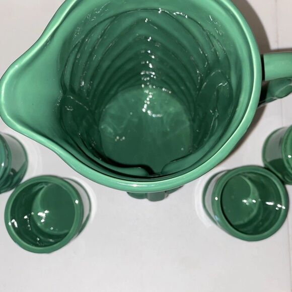 Vintage Tiki Teal Green Ceramic Pottery Pitcher with 6 Matching Glasses Set - Picture 5 of 8